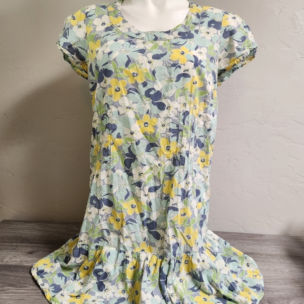 April Cornell White Top Size L Floral‎ Blue Yellow Lagenlook Cottagecore Prarie